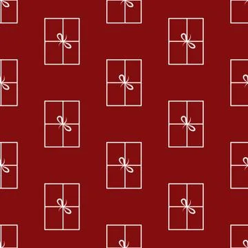 Seamless pattern made from white doodle gift boxes with bow on red background Illustrazione stock
