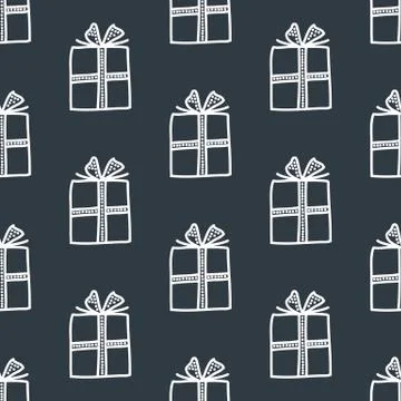 Seamless pattern made from white doodle gift boxes with bow on red background Stock Illustration