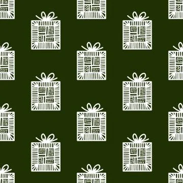 Seamless pattern made from white doodle gift boxes with bow on red background Stock Illustration