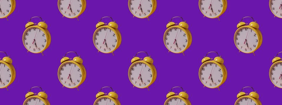 Seamless Pattern made with yellow clock image on purple background. Stock Illustration