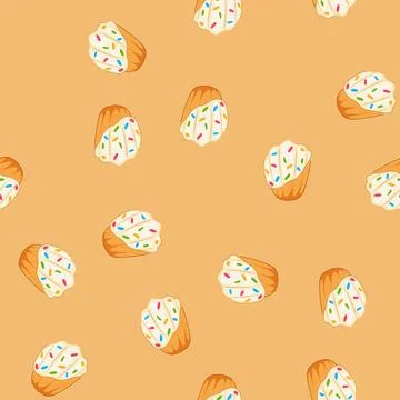 Seamless pattern madeleine cake with frosting and colorful sprinkles Stock Illustration