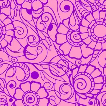 Seamless pattern of magenta contours of flowers on a pink background Stock Illustration
