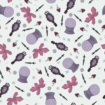 Seamless pattern with magic ball, crystal, magic mirror, mushrooms and knife on Stock Illustration