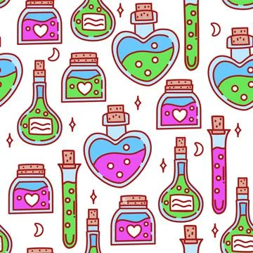 Seamless pattern with magic bottles. Vetor illustration Stock Illustration
