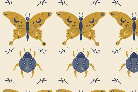 Seamless pattern with magic butterfly and ladybird Stock Illustration