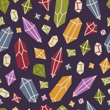 Seamless pattern with Magic crystal and stones, gems, cartoon style. Trendy.. Stock Illustration