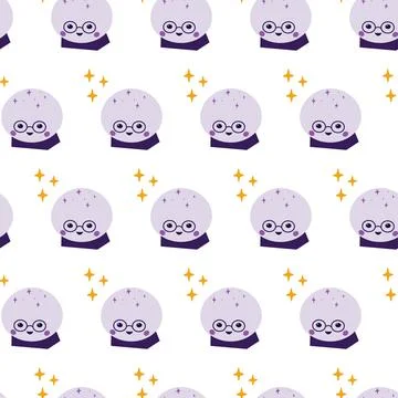 Seamless pattern of magic crystal ball and decorative elements of cute character Stock Illustration
