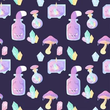 Seamless pattern magic crystals, mushrooms, occultism and mysticism Stock Illustration