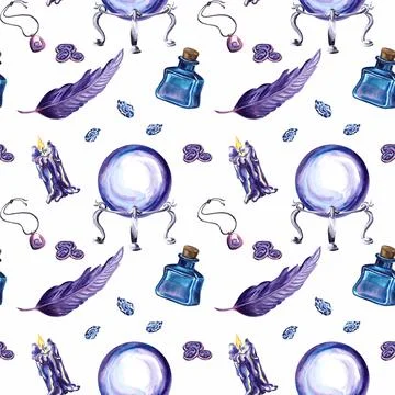 Seamless pattern of magic elements in violet color. Feather with crystal ball 스톡 일러스트