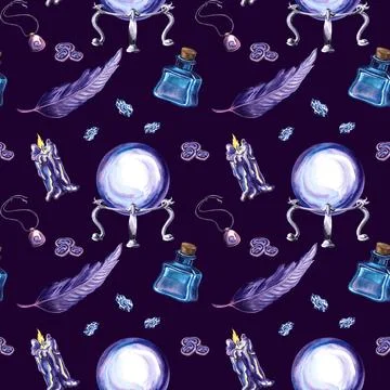 Seamless pattern of magic elements in violet color. Feather with crystal ball Stockillustratie