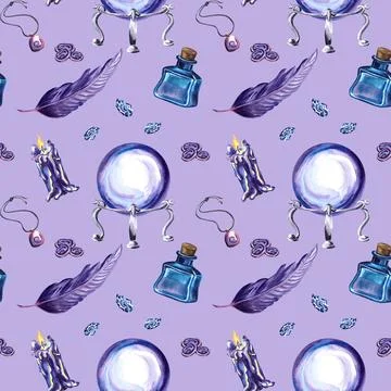 Seamless pattern of magic elements in violet color. Feather with crystal ball Stock Illustration