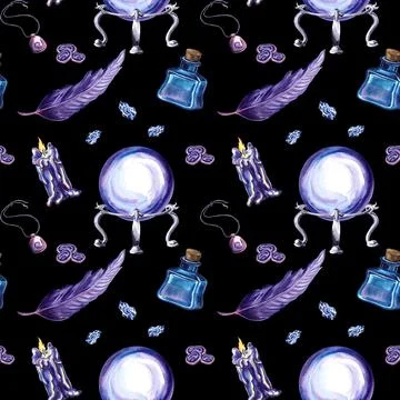 Seamless pattern of magic elements in violet color. Feather with crystal ball Illustrazione stock