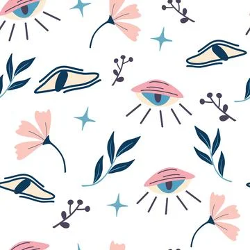 Seamless pattern with magic eyes and flowers. Evil eyes background. Magic, wi Illustrazione stock