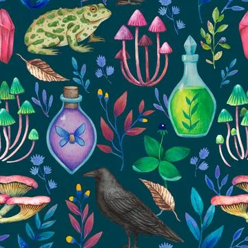 Seamless pattern with magic fantasy elements, magical plants, animals and 스톡 일러스트