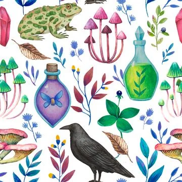 Seamless pattern with magic fantasy elements, magical plants, animals and 스톡 일러스트