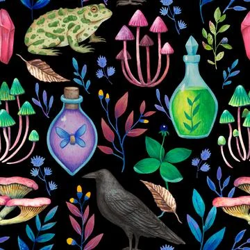 Seamless pattern with magic fantasy elements, magical plants, animals and Stock Illustration