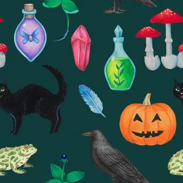 Seamless pattern with magic fantasy elements, magical plants, animals and イラスト素材