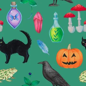 Seamless pattern with magic fantasy elements, magical plants, animals and Illustrazione stock