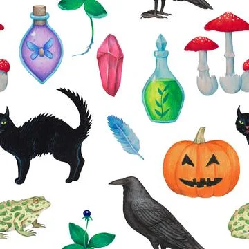 Seamless pattern with magic fantasy elements, magical plants, animals and Stock Illustration