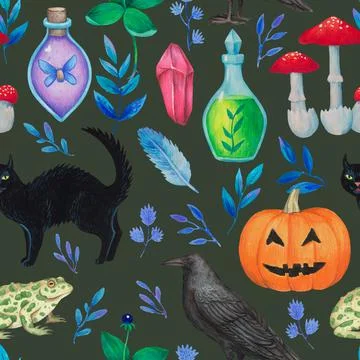 Seamless pattern with magic fantasy elements, magical plants, animals and Stock Illustration