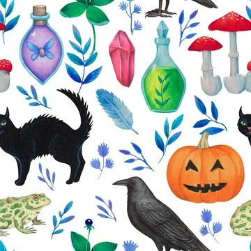 Seamless pattern with magic fantasy elements, magical plants, animals and 스톡 일러스트