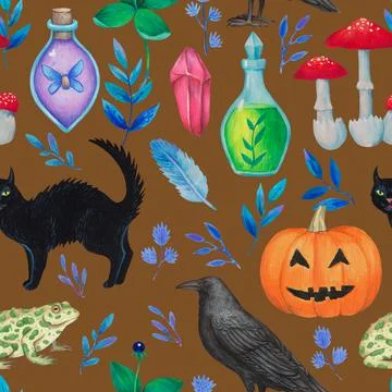 Seamless pattern with magic fantasy elements, magical plants, animals and Stock Illustration