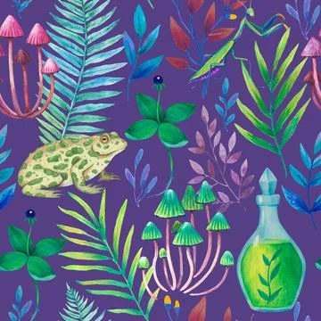 Seamless pattern with magic fantasy elements, magical plants, animals and Illustrazione stock