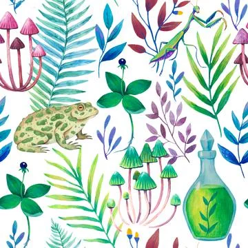 Seamless pattern with magic fantasy elements, magical plants, animals and 库存插图