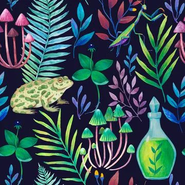 Seamless pattern with magic fantasy elements, magical plants, animals and Stock Illustration