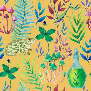Seamless pattern with magic fantasy elements, magical plants, animals and Stock Illustration