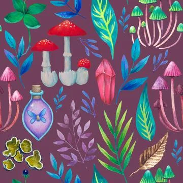 Seamless pattern with magic fantasy elements, magical plants, animals and イラスト素材