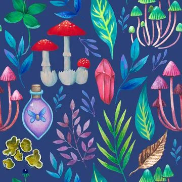 Seamless pattern with magic fantasy elements, magical plants, animals and Stock Illustration