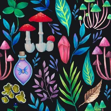 Seamless pattern with magic fantasy elements, magical plants, animals and Stock Illustration