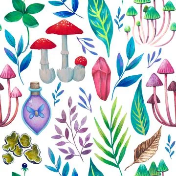 Seamless pattern with magic fantasy elements, magical plants, animals and 스톡 일러스트
