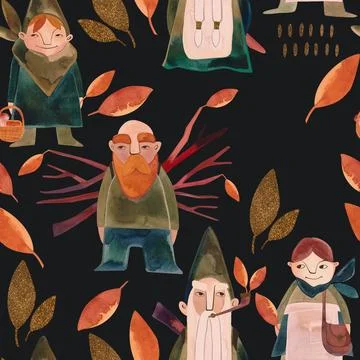 Seamless pattern with magic gnomes, orange autumn leaves, berries, twigs and Stock Illustration
