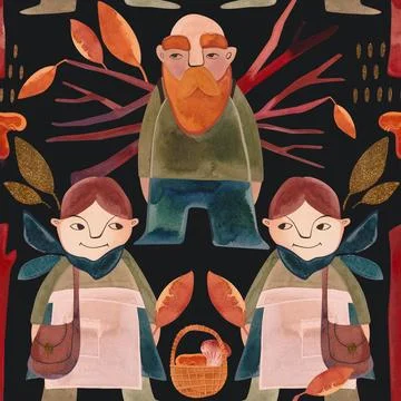 Seamless pattern with magic gnomes, orange autumn leaves, berries, twigs and Stock Illustration