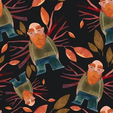 Seamless pattern with magic gnomes, orange autumn leaves, berries, twigs and Stock Illustration