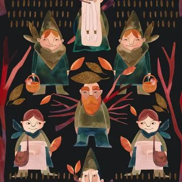 Seamless pattern with magic gnomes, orange autumn leaves, berries, twigs and Stock Illustration