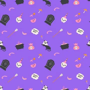 Seamless pattern with magic halloween elements hat, skull with pink color Illustrazione stock