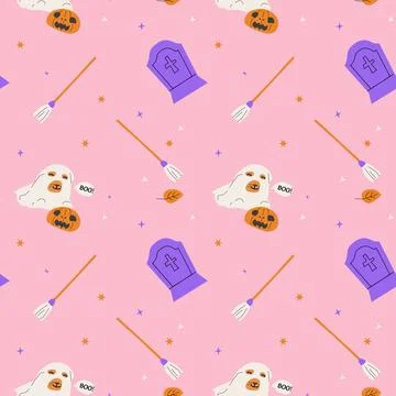 Seamless pattern with magic halloween elements hat, skull with pink color 스톡 일러스트