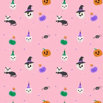 Seamless pattern with magic halloween elements hat, skull with pink color Stock Illustration
