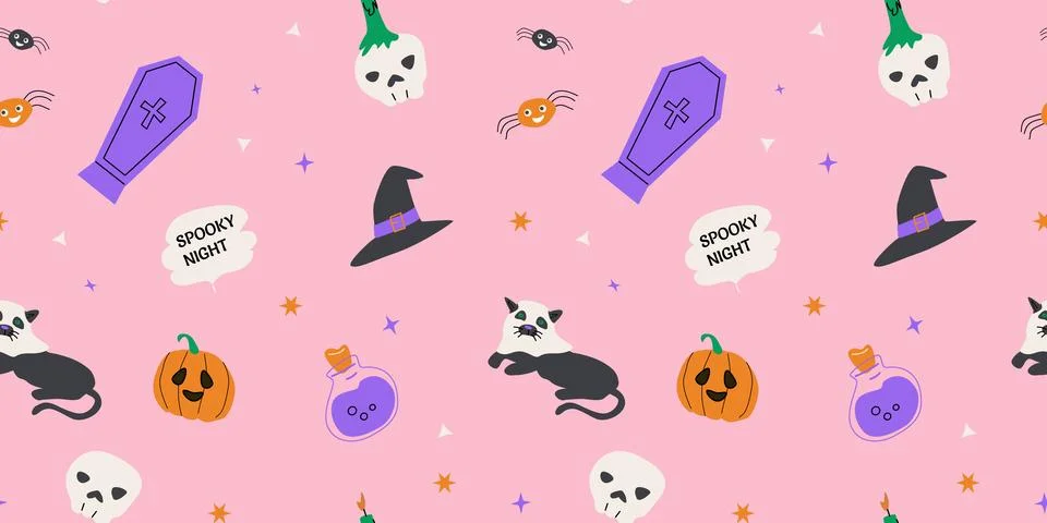 Seamless pattern with magic halloween elements hat, skull with pink color Stock Illustration