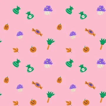 Seamless pattern with magic halloween elements hat, skull with pink color Stock Illustration