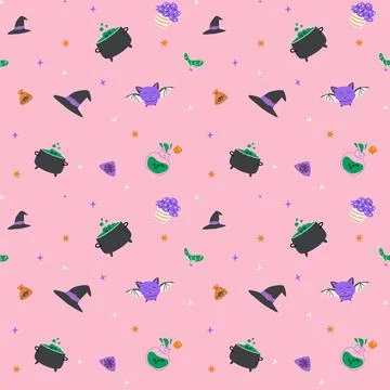 Seamless pattern with magic halloween elements hat, skull with pink color Illustrazione stock