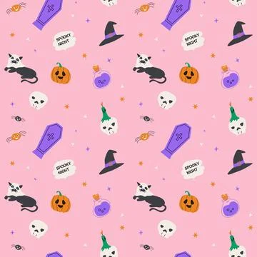 Seamless pattern with magic halloween elements hat, skull with pink color Stock Illustration