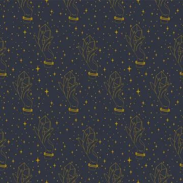 Seamless pattern magic hands with healing crystal art. Halloween elements Stock Illustration
