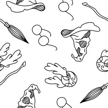Seamless pattern of Magic items school of magic and sorcery on white backgr.. 스톡 일러스트
