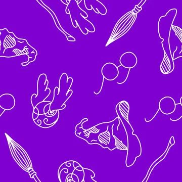 Seamless pattern of Magic items school of magic and sorcery on purple backg.. Stock Illustration