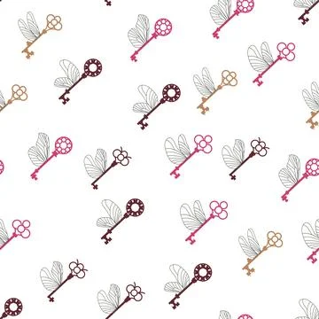 Seamless pattern with magic keys with wings. Vector. Stock Illustration