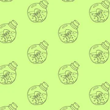Seamless pattern of Magic mushrooms in a bottle. on a green background. Mag.. Illustrazione stock